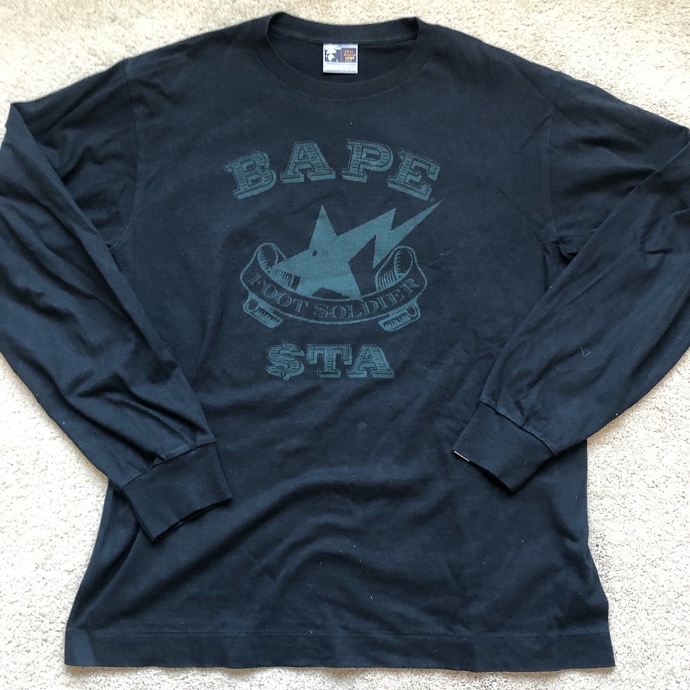 Bape “Bape-Sta Foot Solider” Long Sleeve T Shirt - Black/Dark Green - Size L